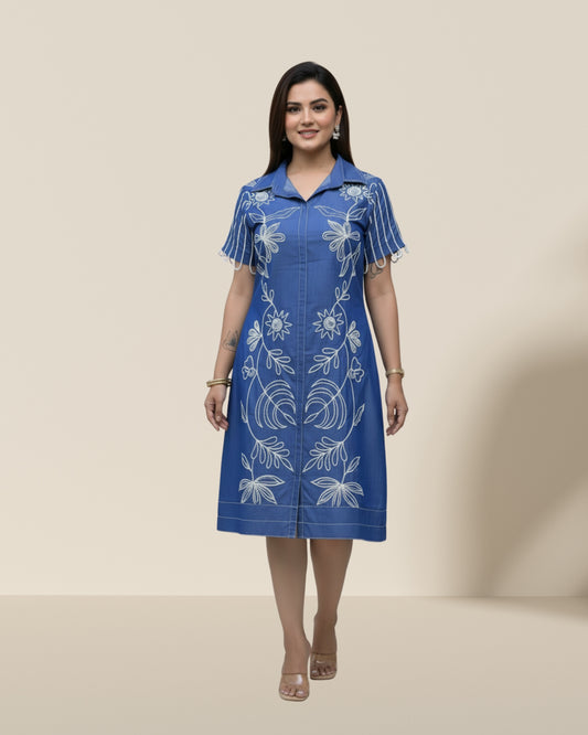 Blue floral cutwork dress