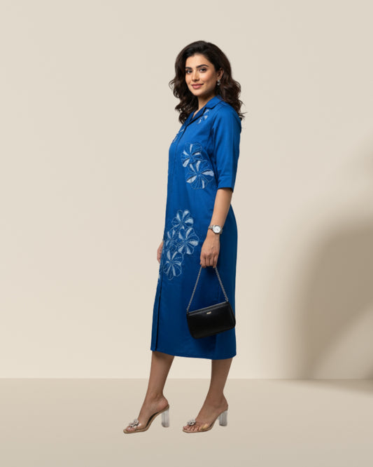 Blue floral cutwork dress